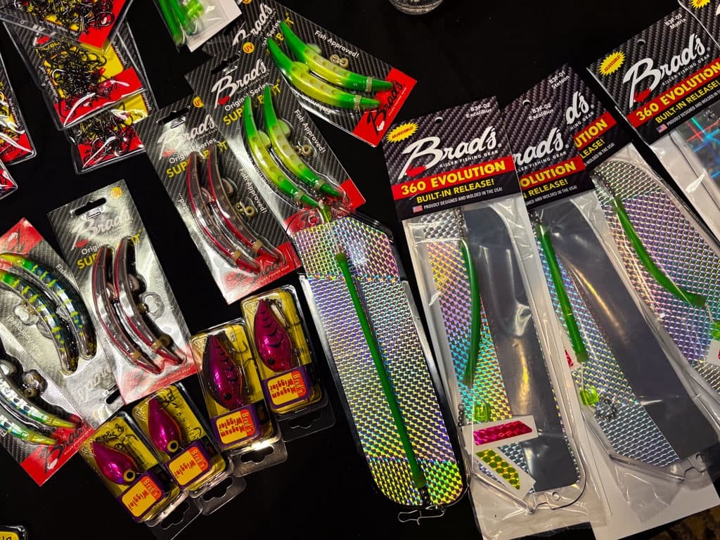 Fishing lures and tackle on display at vendor booth