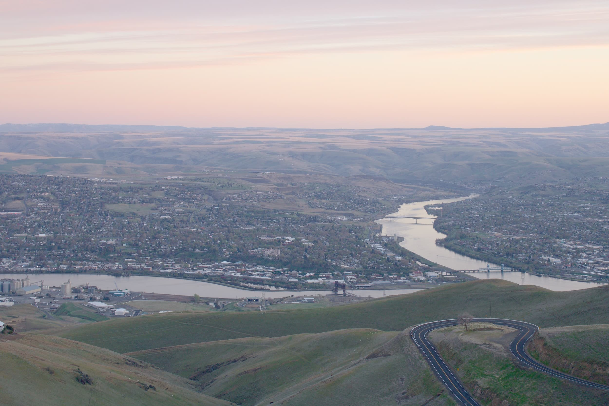 Aerial view of Lewiston, Idaho at the confluence of the Snake and Clearwater Rivers